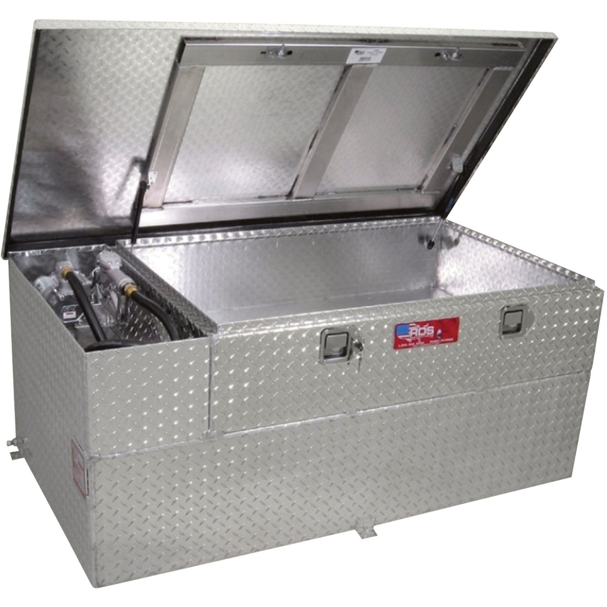 RDS Aluminum Transfer Fuel Tank Toolbox Combo with GPI 12V Fuel Transfer Pump, 52-Gallon, Rectangular, Diamond Plate, 8 GPM, Model# 73615